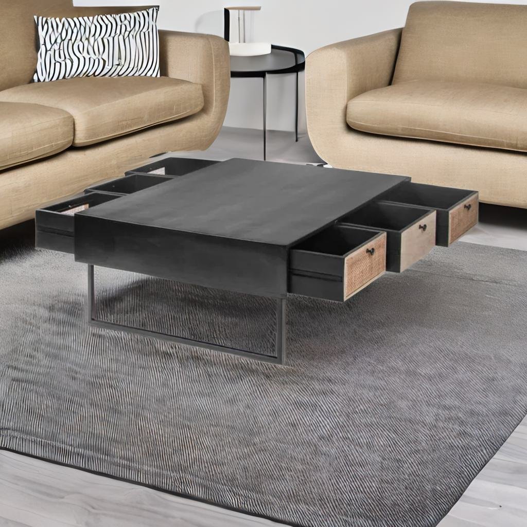 Classic Rattan Sheesham Solid Wood Black Finish Coffee Table