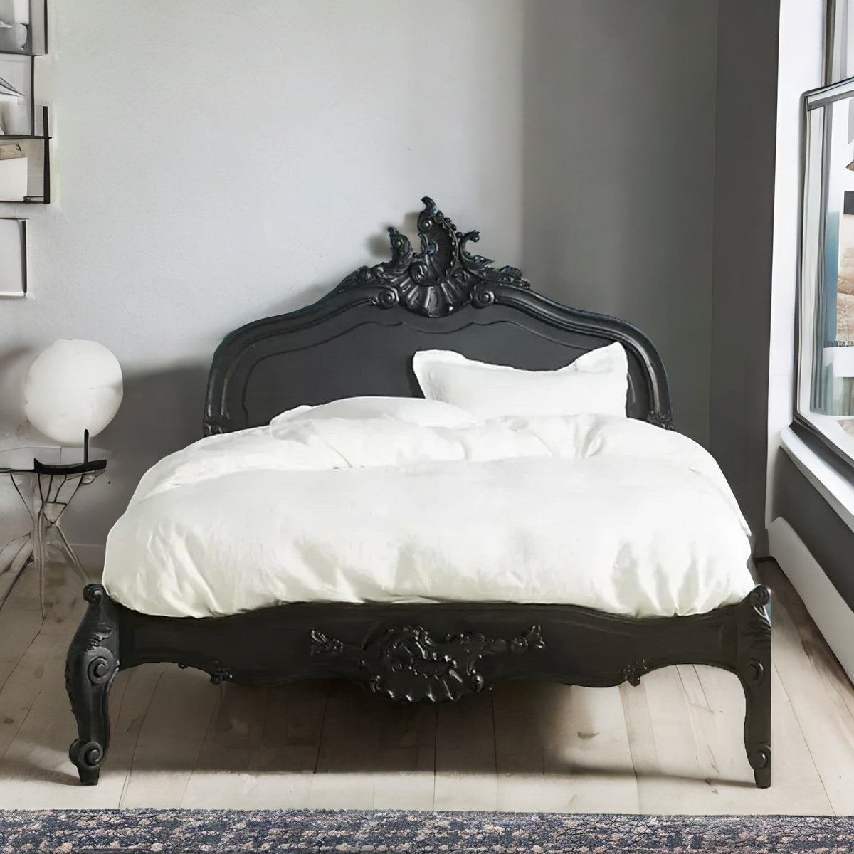 Colonial Solid Wood Carved Bed in Black Finish