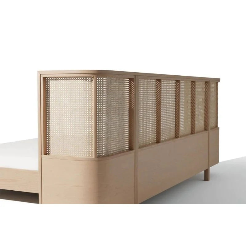 Rio Classic Solid Wood Rattan Bed With Attached Side Table In Natural Finish -All sizes