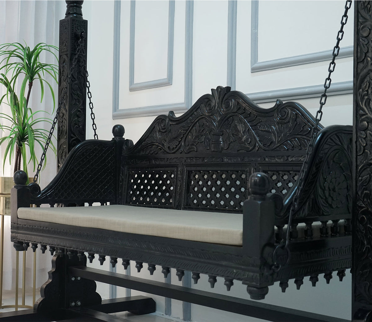 Modern Mango Solid Wood Black Finish 2 Seater Swing Chair