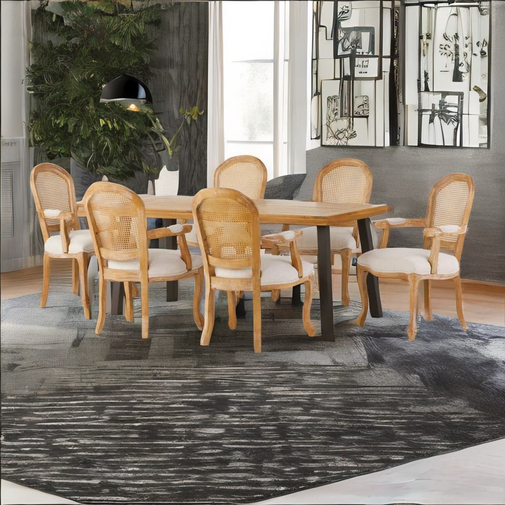 Premium Rattan Solid Wood 6 Seater Dining Table Set