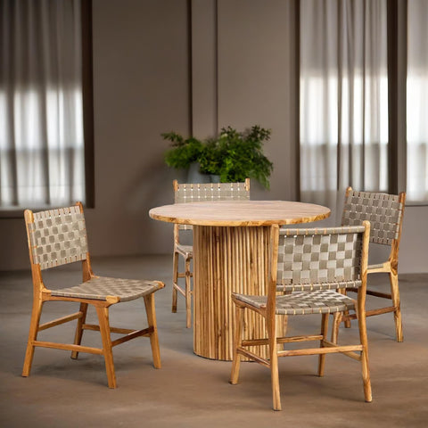 Classic Teakwood 4 Seater Round Dining Table Set With Leather Chairs