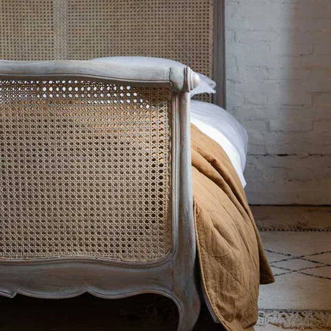 Colonial Antique Solid Wood Rattan Bed In Rustic White- All Sizes