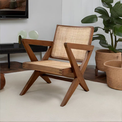Rattan Modern Cane Armchair In Natural Finish