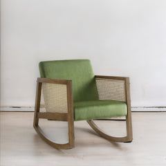 Traditional Solid Wood Rattan Rocking Armchair - Green Velvet with Walnut Finish