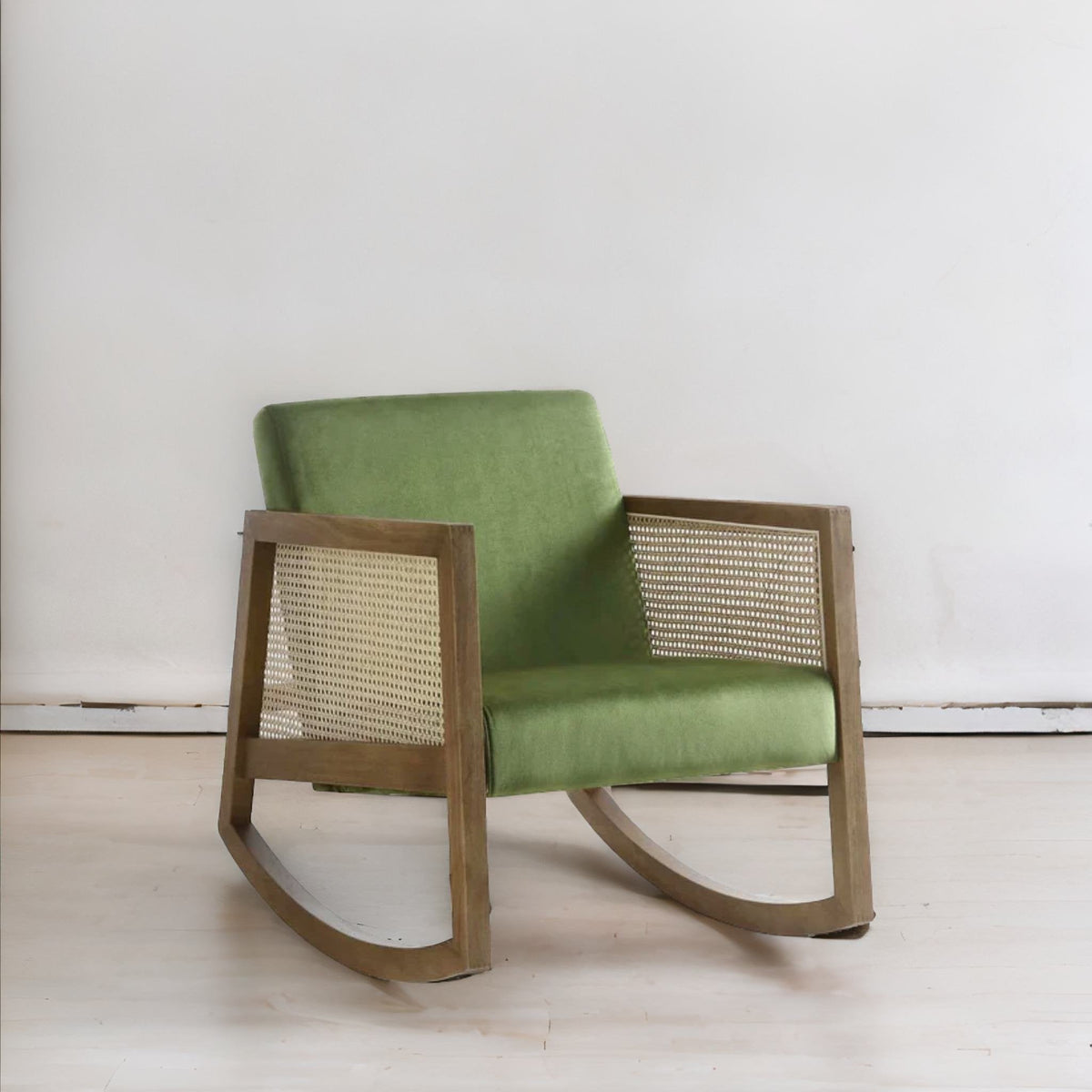 Traditional Solid Wood Rattan Rocking Armchair - Green Velvet with Walnut Finish