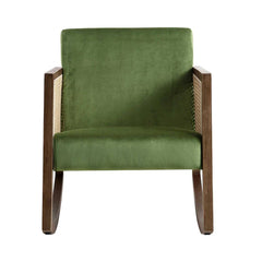 Traditional Solid Wood Rattan Rocking Armchair - Green Velvet with Walnut Finish