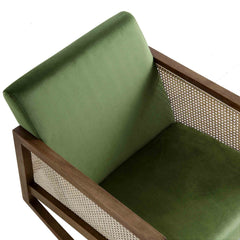 Traditional Solid Wood Rattan Rocking Armchair - Green Velvet with Walnut Finish