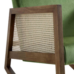 Traditional Solid Wood Rattan Rocking Armchair - Green Velvet with Walnut Finish