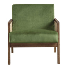 Solid Wood Green Velvet Walnut Frame Rattan Armchair