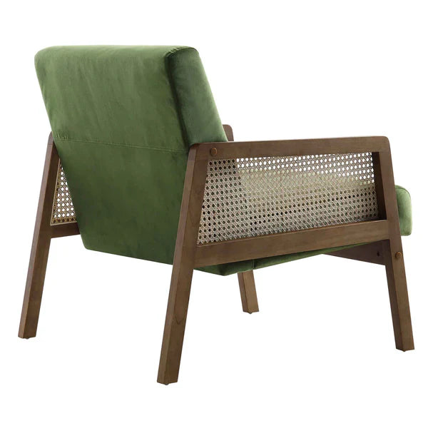 Solid Wood Green Velvet Walnut Frame Rattan Armchair