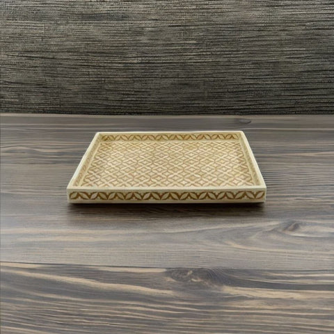 Bone Inlay Rectangle White Serving Tray - Lattice Pattern