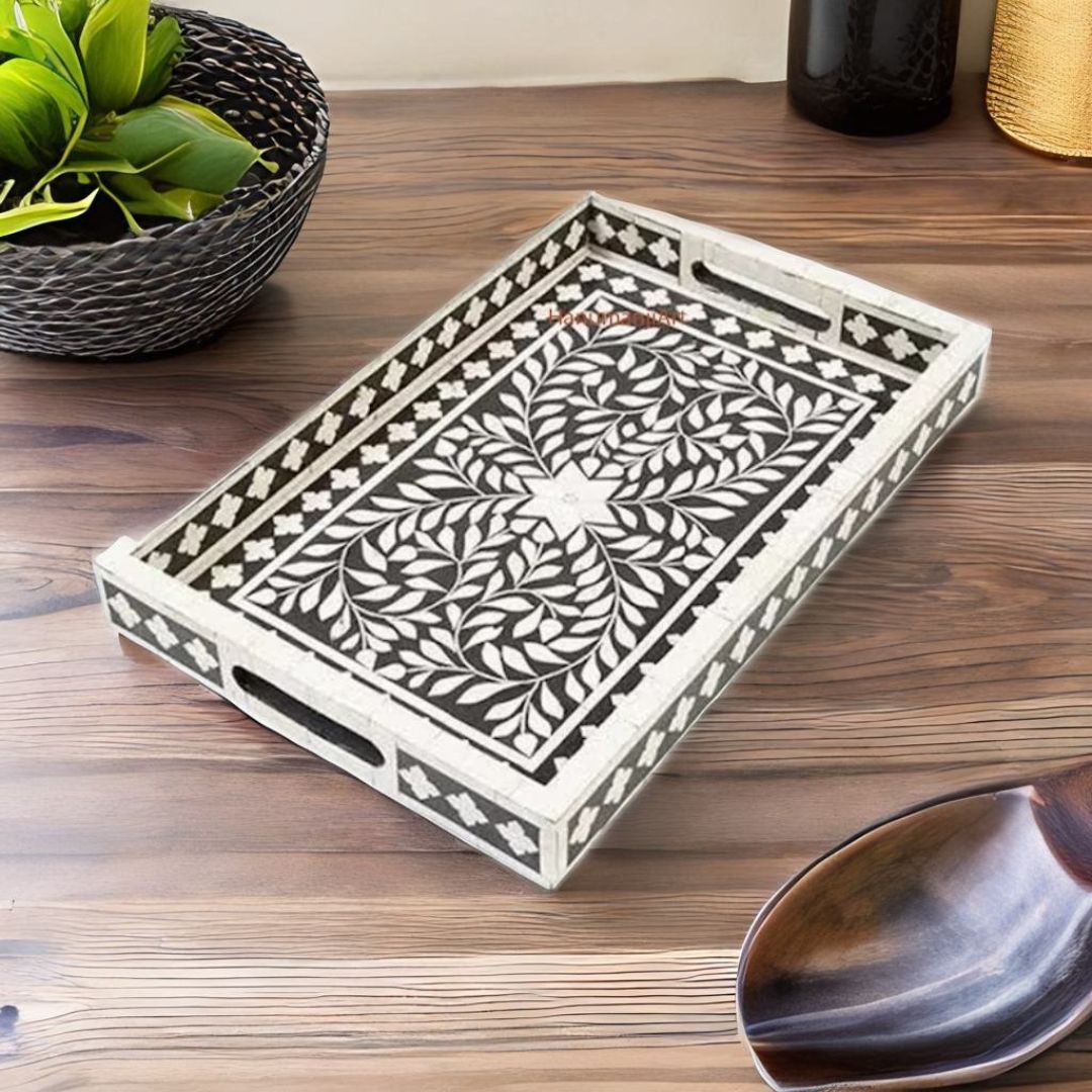Bone & Wood Coffee Tray - Rectangle Floral Pattern