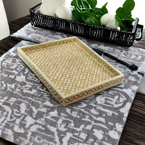Bone Inlay Rectangle White Serving Tray - Lattice Pattern