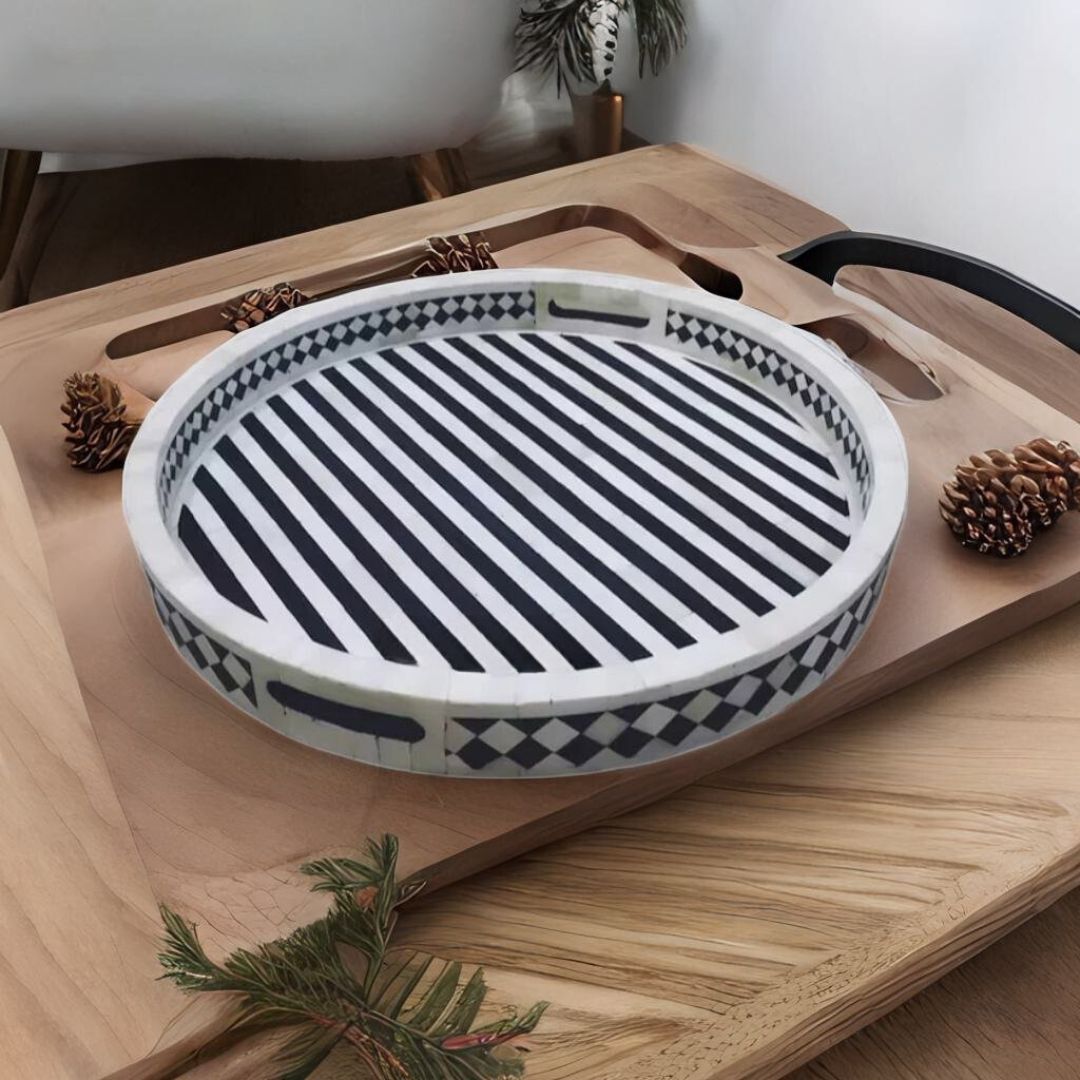 Bone Inlay Round Serving Tray | Stripped Pattern