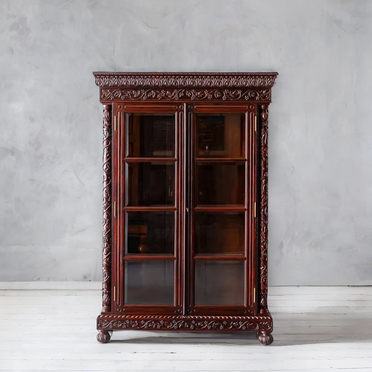 Traditional & Classic Carved Teakwood Glass Front Cabinet