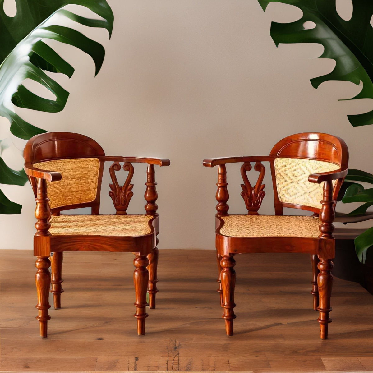 Traditional Luxurious Teakwood Corner Chair with Cane