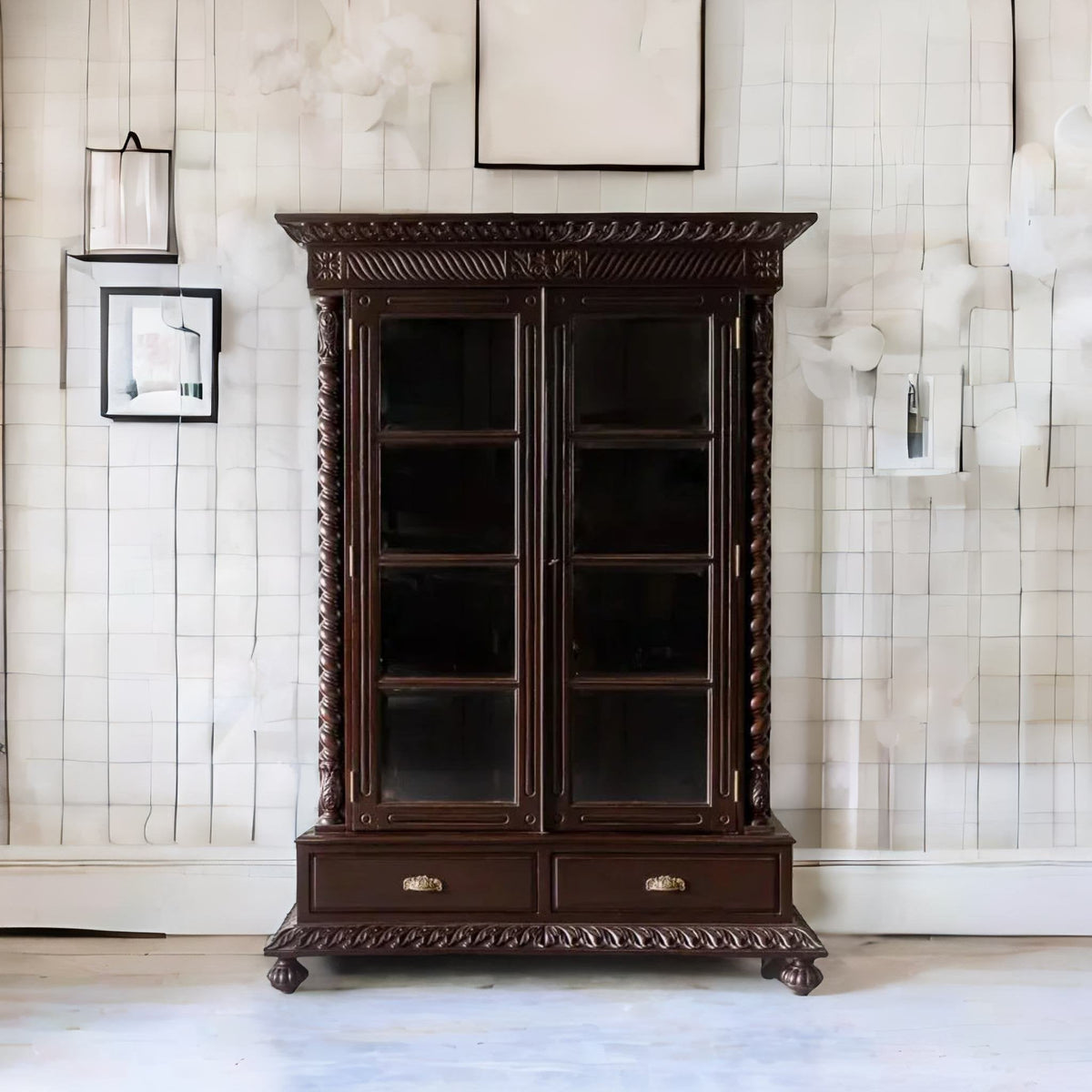 Traditional & Classic Carved Teakwood Glass Front Cabinet With Pillars