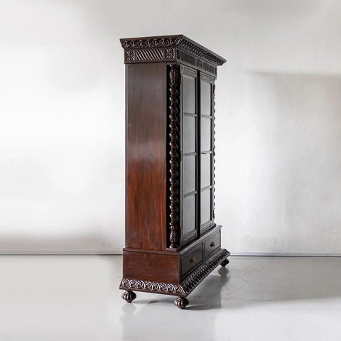 Traditional & Classic Carved Teakwood Glass Front Cabinet With Pillars