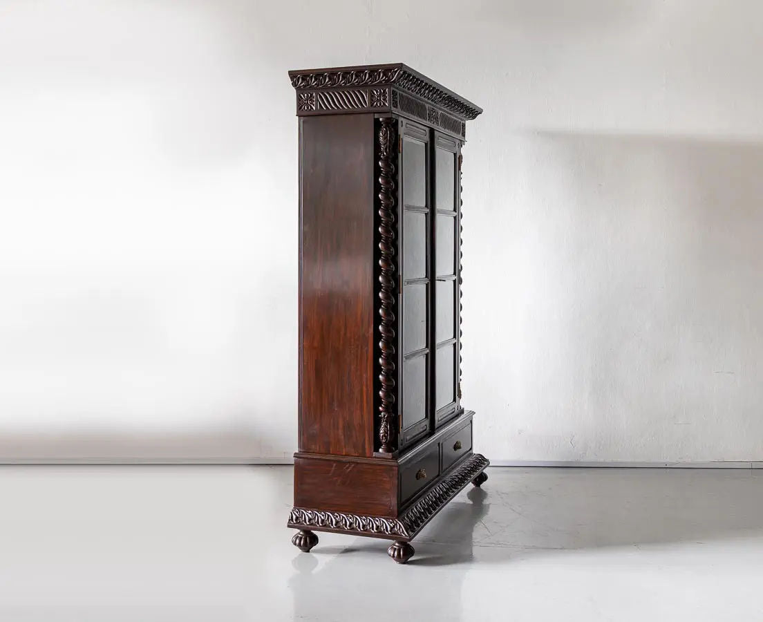 Traditional & Classic Carved Teakwood Glass Front Cabinet With Pillars