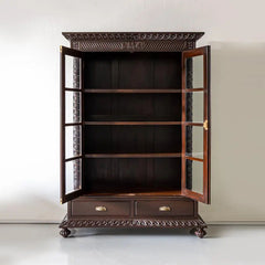 Traditional & Classic Carved Teakwood Glass Front Cabinet With Pillars