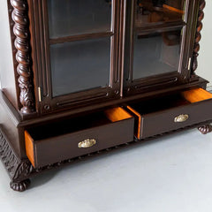 Traditional & Classic Carved Teakwood Glass Front Cabinet With Pillars