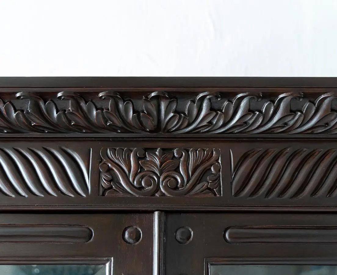 Traditional & Classic Carved Teakwood Glass Front Cabinet With Pillars
