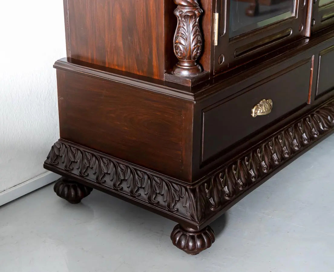 Traditional & Classic Carved Teakwood Glass Front Cabinet With Pillars