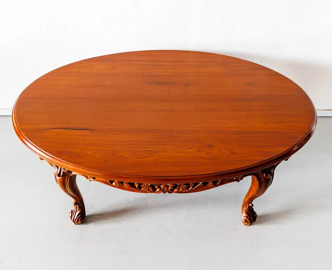 Classic Teakwood Round Dining Table with Carved Floral Design