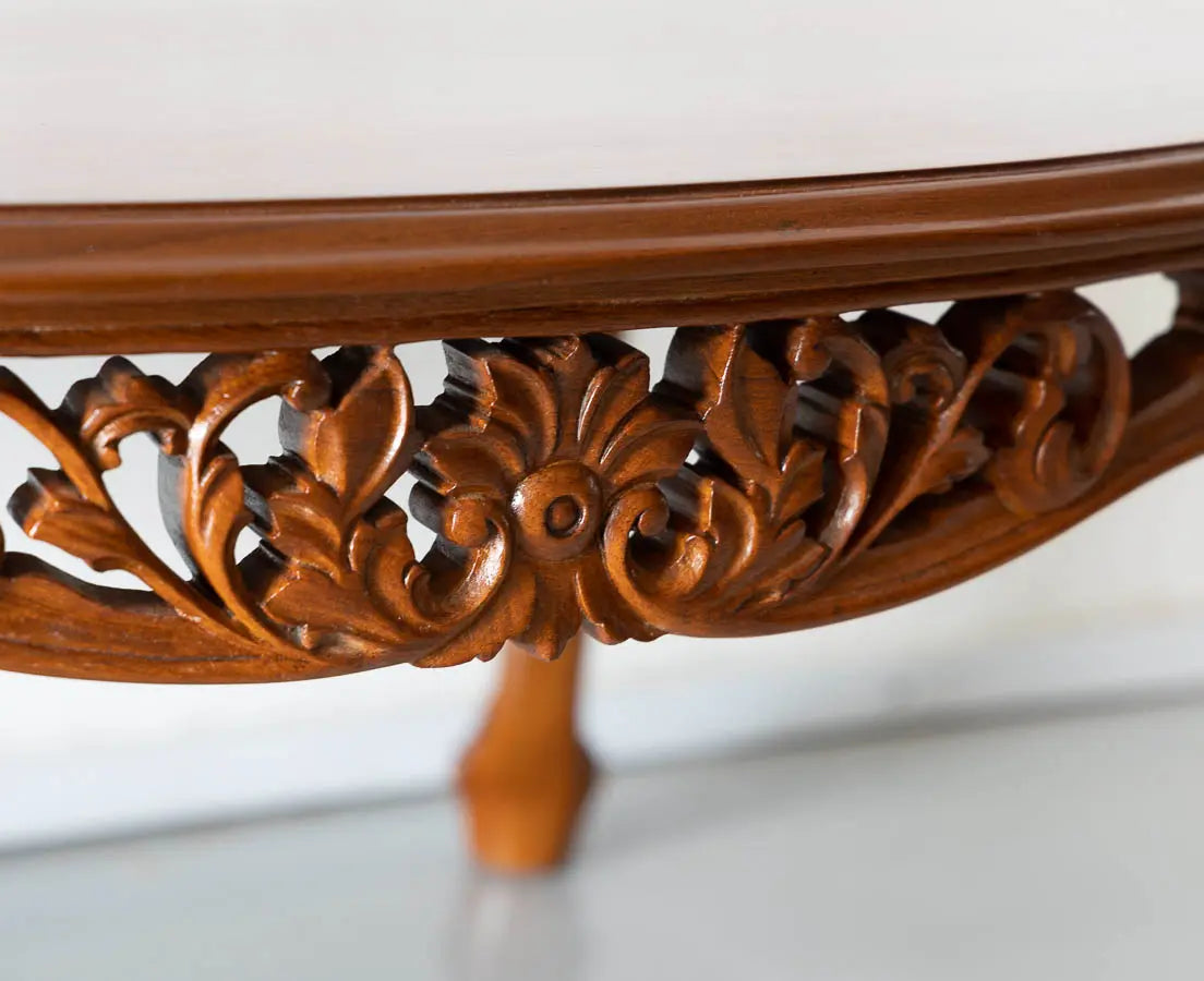 Classic Teakwood Round Dining Table with Carved Floral Design