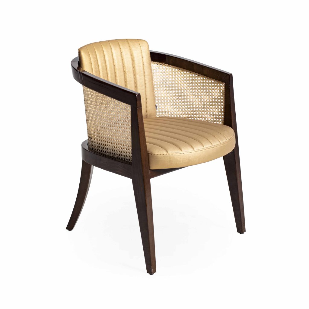 Classic Rattan Solid Wood Leather Arm Chair - Golden Finish