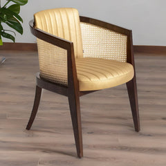 Classic Rattan Solid Wood Leather Arm Chair - Golden Finish