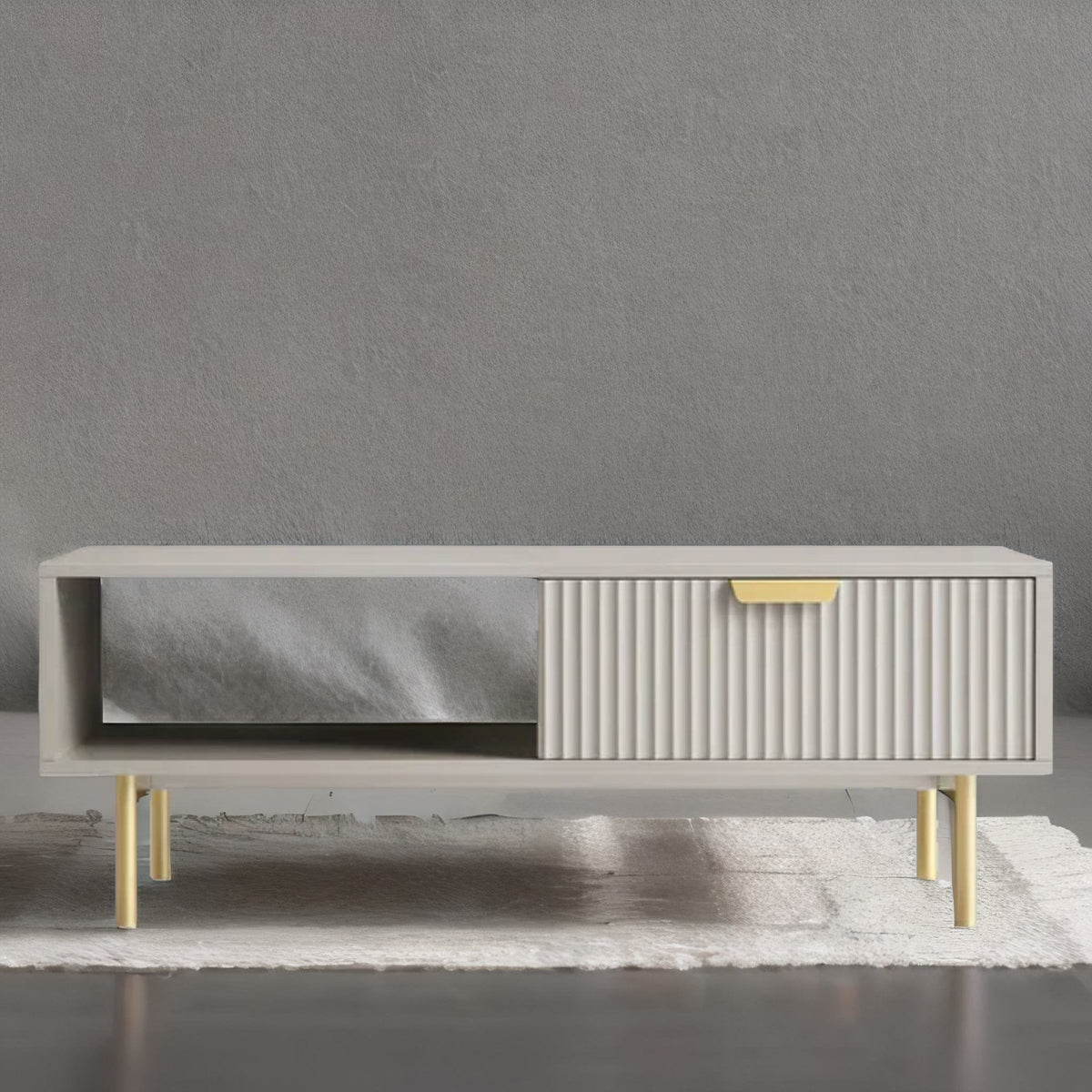 White Solid Wood Coffee Table With Drawer- Taupe Finish