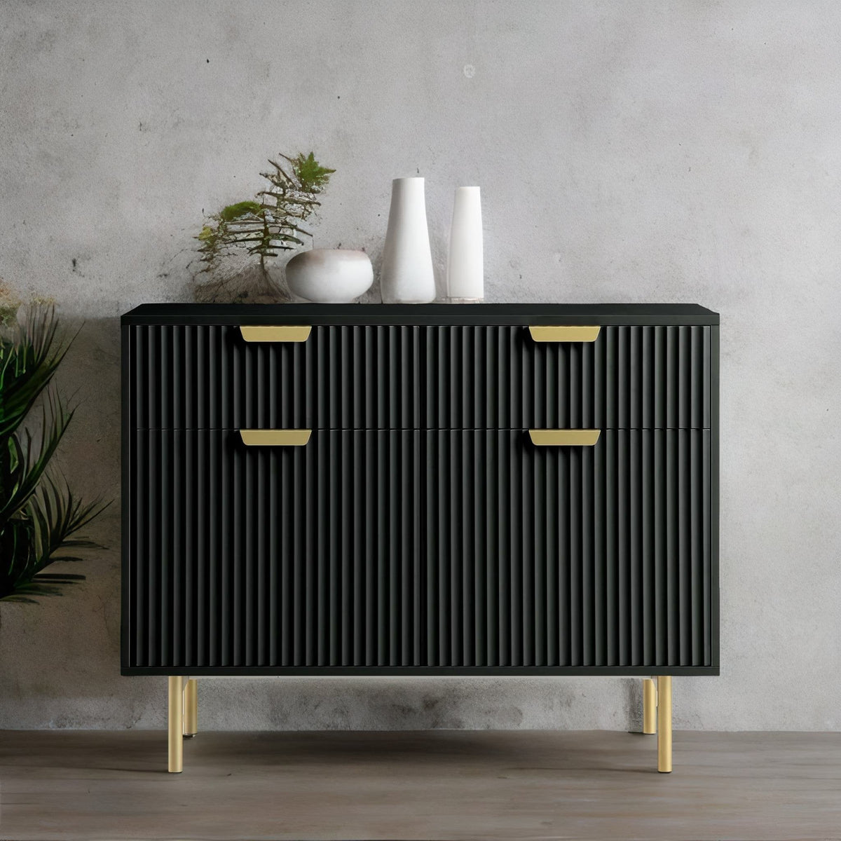 Modern Solid Wood 2- Door Cabinet With Drawers - Black Finish