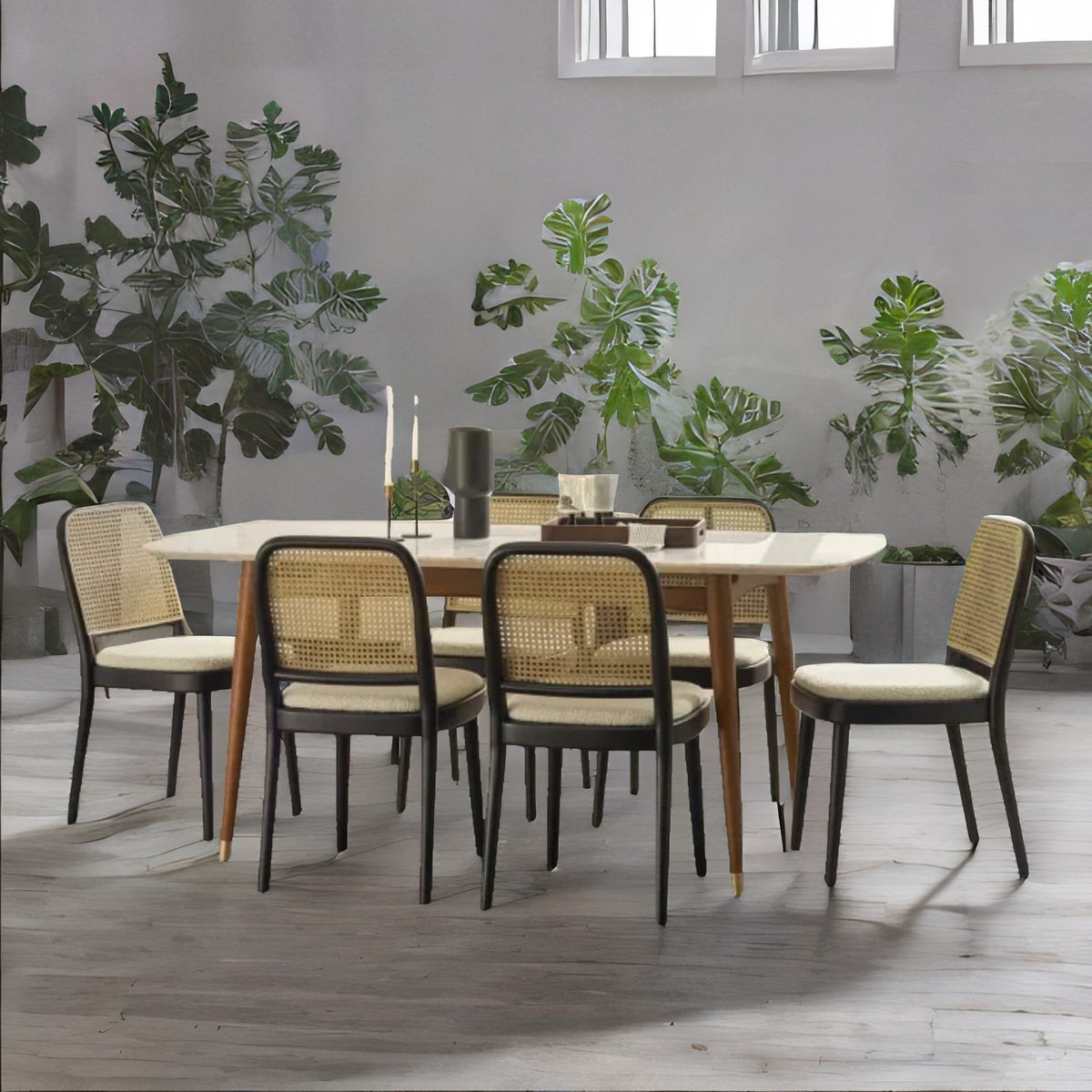 Berlin Teak Wood Solid Wood Dining Table Set Rattan Chairs- 4 Seater, 6 Seater - All Sizes