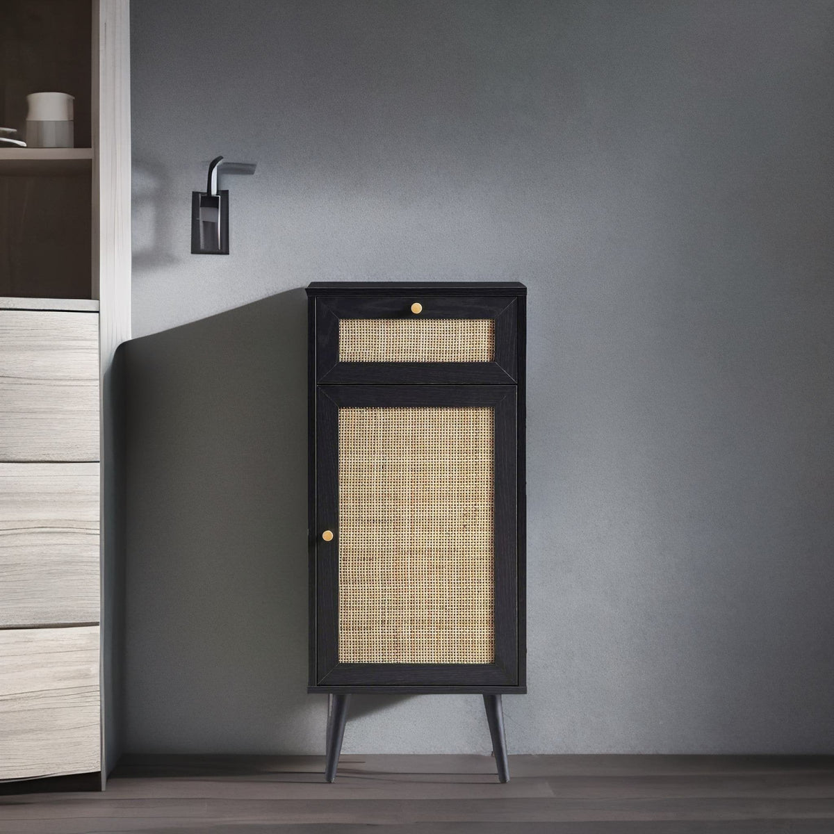 Solid Wood Rattan Black Finish Bathroom Cabinet