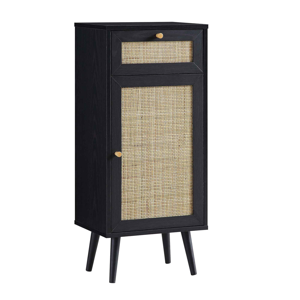Solid Wood Rattan Black Finish Bathroom Cabinet