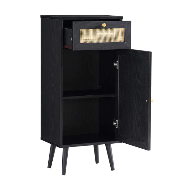 Solid Wood Rattan Black Finish Bathroom Cabinet