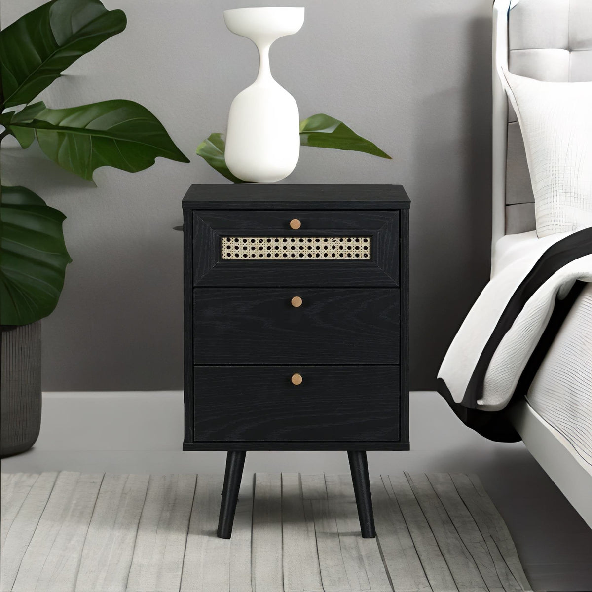 Solid Wood Three Drawer Bedside Table In Black Finish