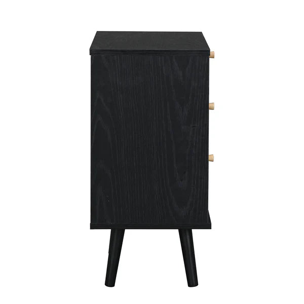 Solid Wood Three Drawer Bedside Table In Black Finish
