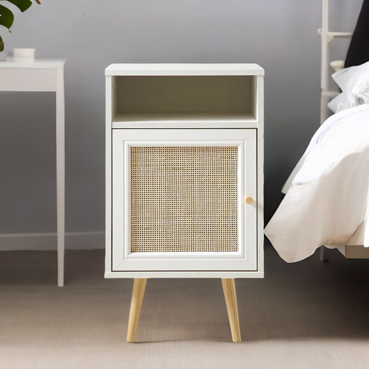 Rattan Bedside Table White Finish