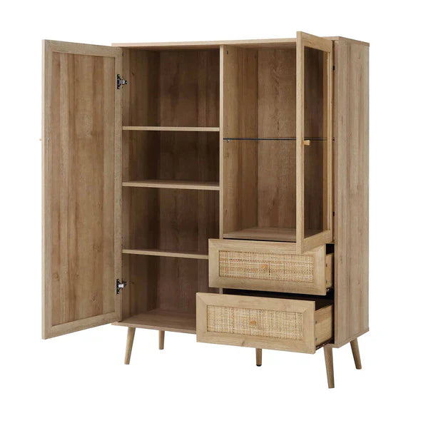 Classic Natural Solid Wood Rattan Display Cabinet