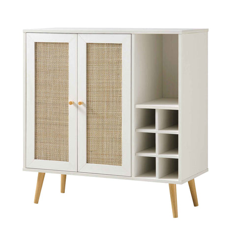 Classy White Solid Wood Rattan Bar Cabinet