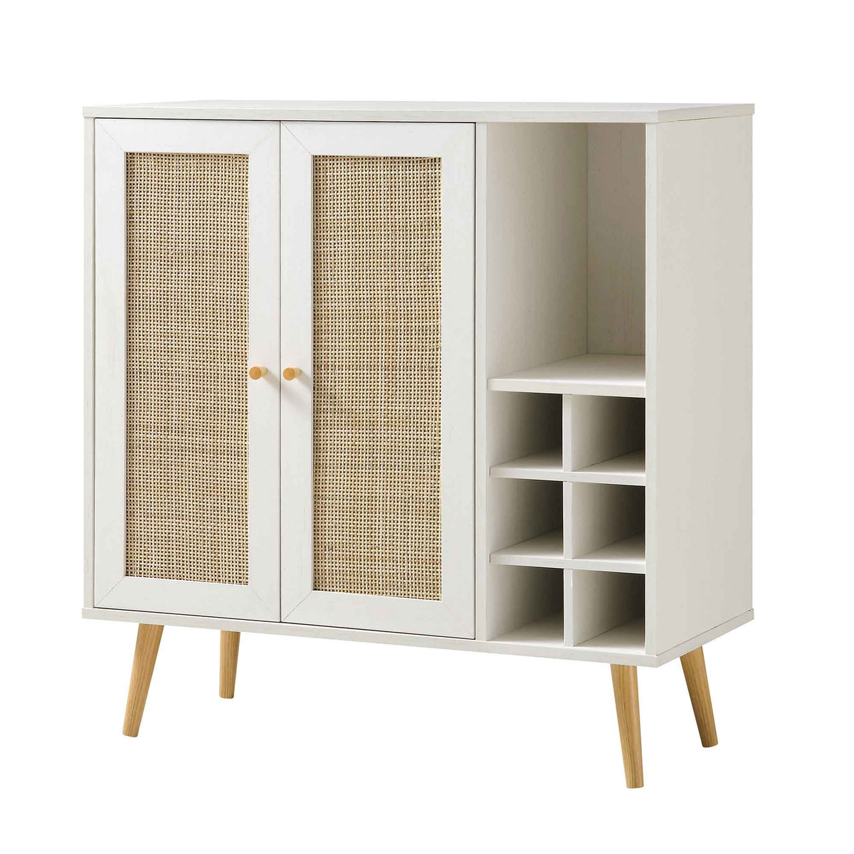 Classy White Solid Wood Rattan Bar Cabinet