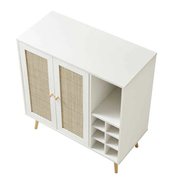 Classy White Solid Wood Rattan Bar Cabinet