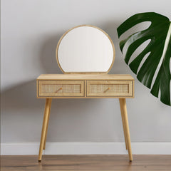 Solid Wood Rattan Natural Finish Dressing Table With Mirror