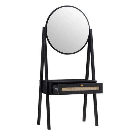 Solid Wood Rattan Black Finish Dressing Table With Mirror
