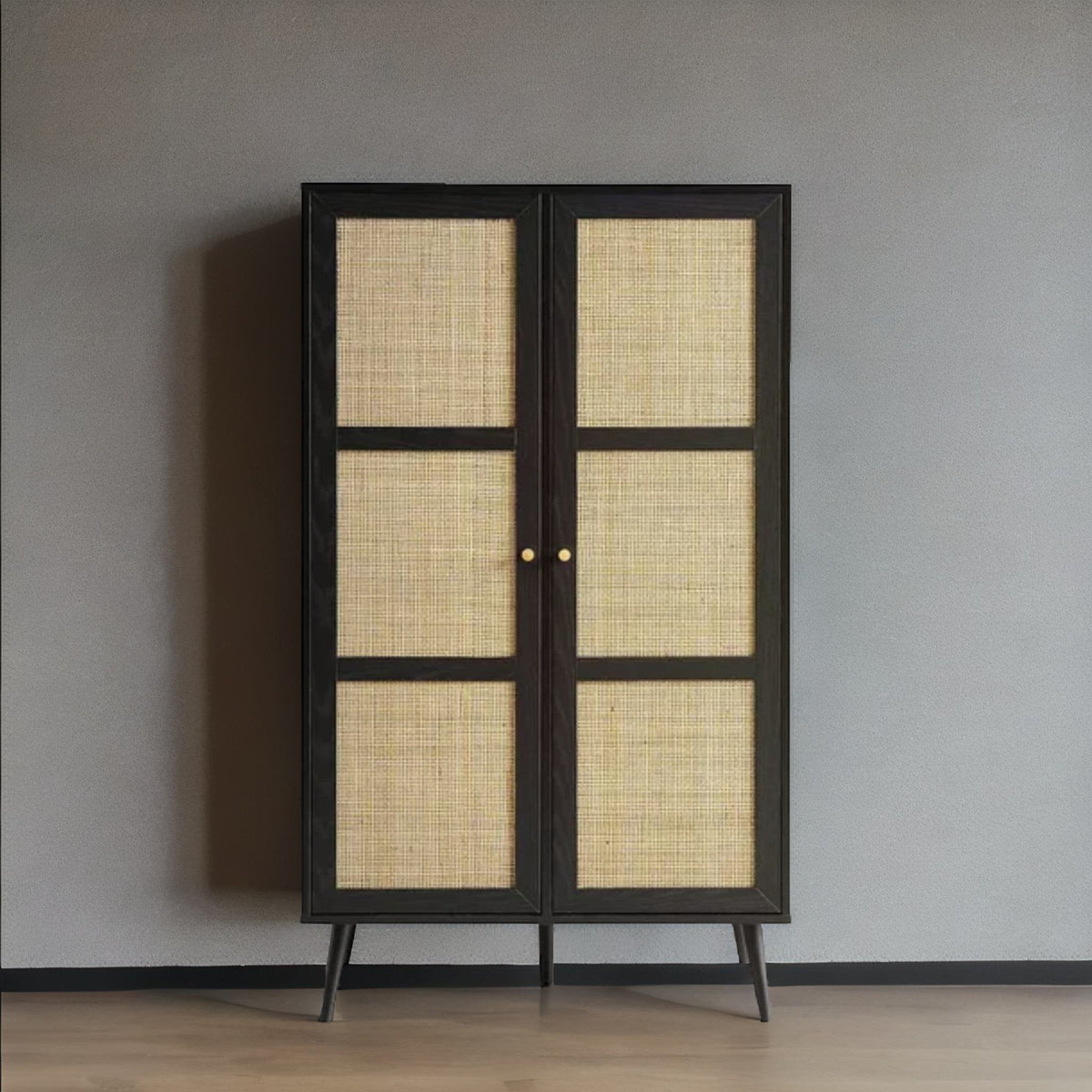 Classic Solid Wood Rattan Black Finish Compact 2 Door Wardrobe
