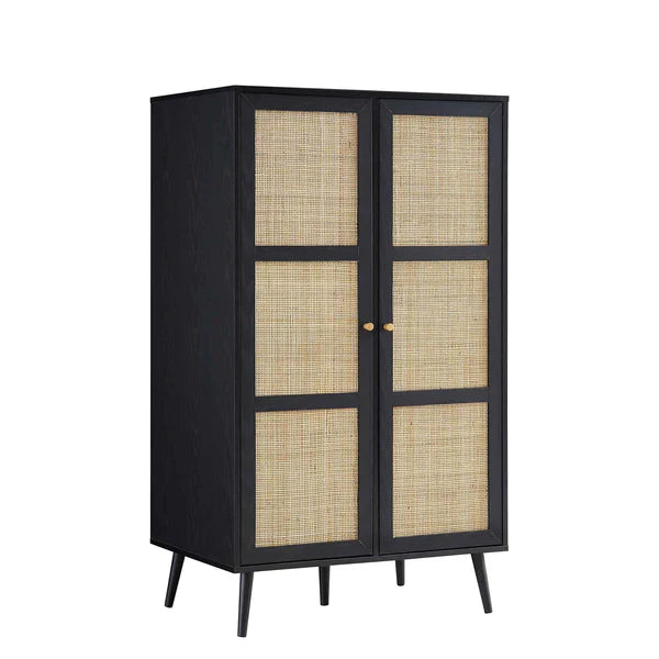 Classic Solid Wood Rattan Black Finish Compact 2 Door Wardrobe