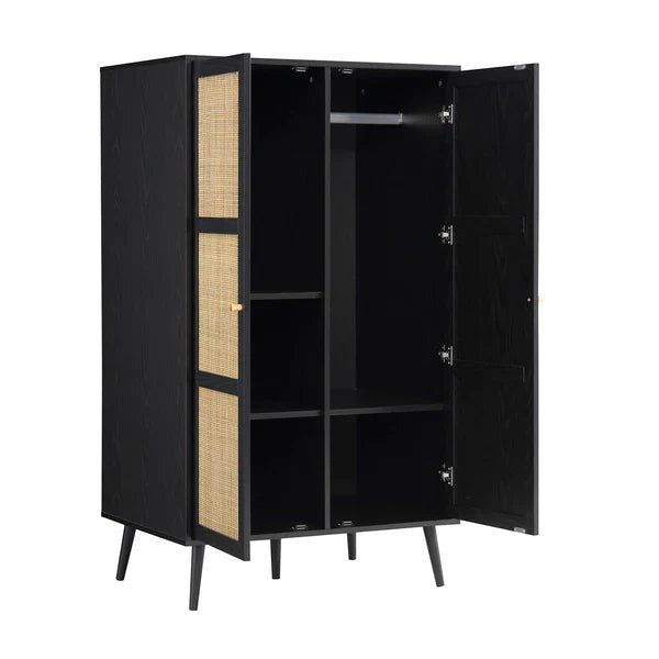 Classic Solid Wood Rattan Black Finish Compact 2 Door Wardrobe